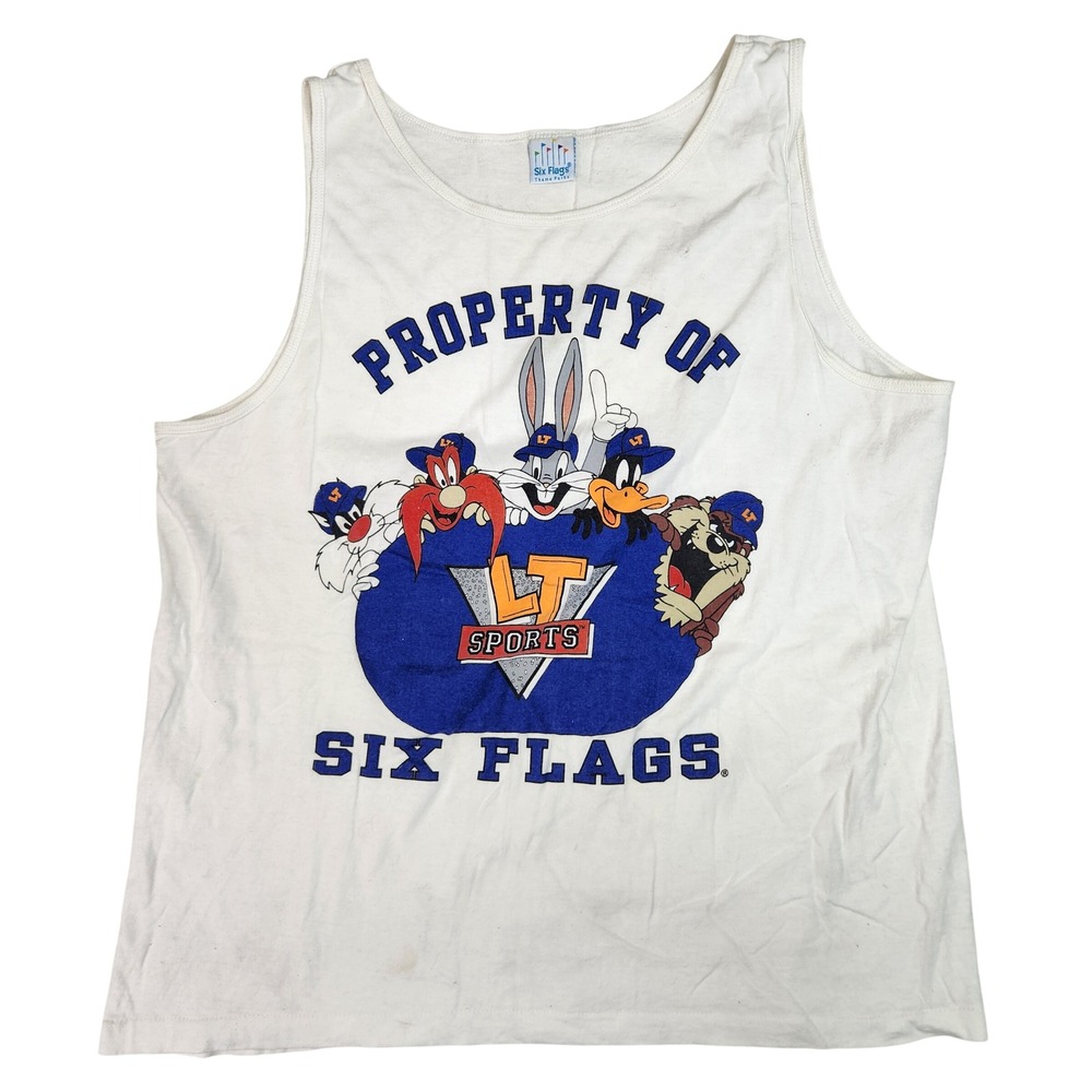 Vintage 1993 Six Flags Looney Tunes Sports White Tank Top Bugs Bunny Taz XL